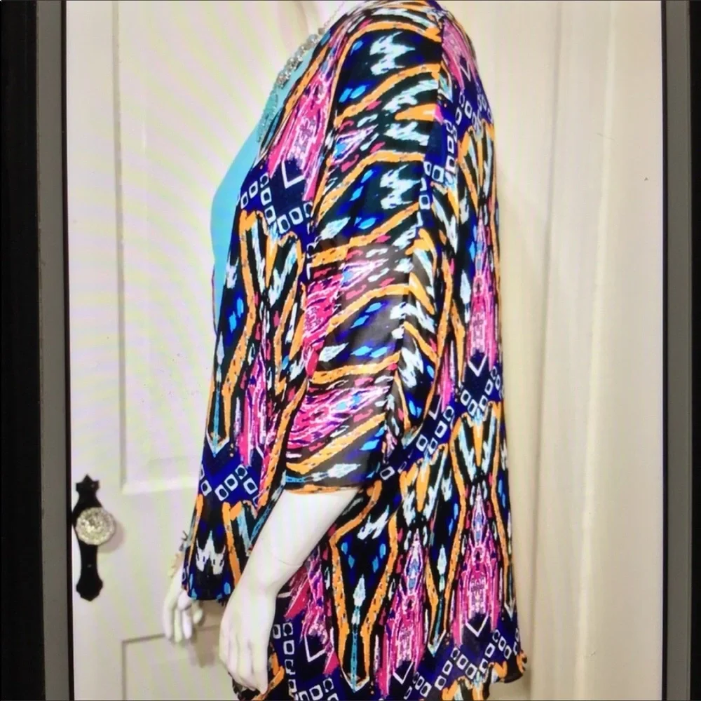 KIMONO 1X OVERSIZED SWIM COVER LIGHTWEIGHT JACKET  PINK TURQ FIT S~1X  HOST PICK - Picture 4 of 7